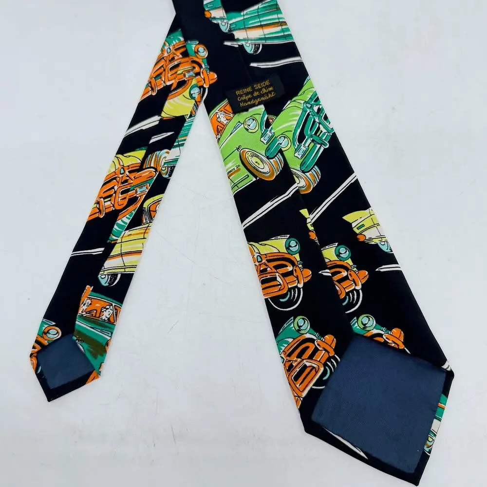 Vintage REINE SEIDE Classic Car Print Black Silk Neck Tie